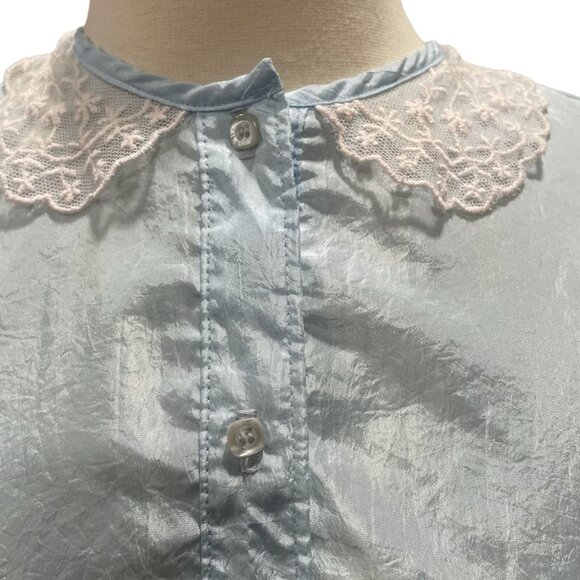 Vintage Light Blue Blouse L Lace Peter Pan Collar Cottagecore Romantic Coquette - Picture 6 of 8